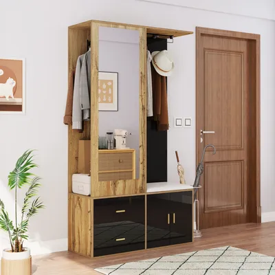 Image de Merax Ensemble d'armoires avec miroir, armoire à chaussures & banc à chaussures, garde-robe avec cintres extensibles, design peu encombrant en noir/bois
