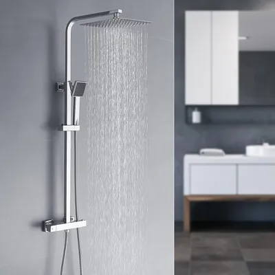 Produktbild von Duschsystem mit Thermostat, Edelstahl Dusche Regendusche Set Duschamaturenset Duschset mit 25 * 25cm Duschkopf mit schlauch, Verstellbare Duschstange