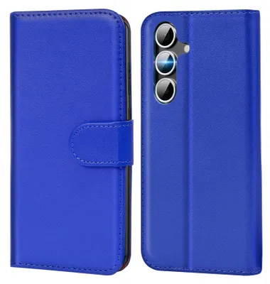 A blue book-style phone case is shown, with the front cover closed on the left and the back with the camera cutout visible on the right.