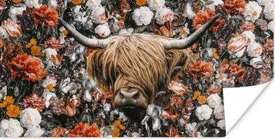 Produktbild von MuchoWow® Poster Schottischer Highlander - Blumen - Regenbogen 40x20 cm - Poster für die Wand - Poster Schlafzimmer
