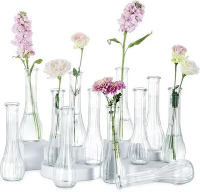 Produktbild von Allecto Plus – Glasvasen für Blumen, ideal für Hochzeiten: Set mit 12 Stück, 21 cm hoch – dekorative, gerippte Vasen für Partys, Wohnzimmer und Tischdekoration