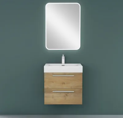 Produktbild von Mai & Mai Badmöbelset Komplett Set Waschbeckenunterschrank 60cm Unterschrank mit Waschschbecken aus Mineralguss und LED-Badspiegel Quadratto