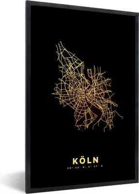 Produktbild von MuchoWow® Gerahmtes Poster Köln - Karte - Gold - Stadtplan 60x90 cm - Poster mit Schwarzem Bilderrahmen Wandposter Rahmen Foto Bilder - Kunst