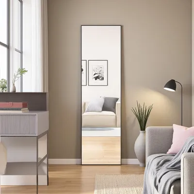 Image de Miroir de maquillage rectangulaire en verre trempé, cadre en aluminium noir, 1400x400 mm, design moderne élégant pour chambre ou salle de bain