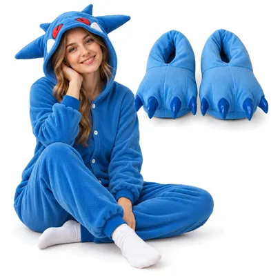 Image de Coffret cadeau : Pyjama combinaison Kigurumi costume pour adultes Pokémon Ectoplasma bleu XXXL: 195-205 cm + Chaussons pattes 3D 37-44