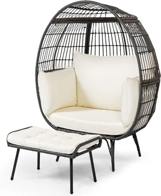 Produktbild von Rattan-Eierstuhl mit Fußstütze, weichen Kissen und Metallrahmen für Garten und Terrasse, Loungesessel, belastbar bis 205 kg