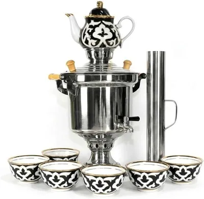 Imagen del producto de Juego de samovar de 5 litros de acero inoxidable, con chimenea para leña o carbón
