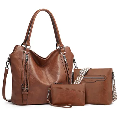 Produktbild von Handtasche 3-Tlg Shopper Schultertasche Geldbörse Damen Groß Umhängetasche Für Freizeit Business Schule Büro usw in schlichter Optik (Dunkelbraun)