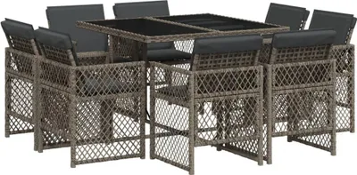Produktbild von 9-tlg. Garten-Essgruppe mit Kissen Grau Poly Rattan