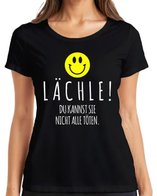 Produktbild von Lächle du kannst sie nicht alle töten schwarzer Humor Smiley Damen T-Shirt, Schwarz, S