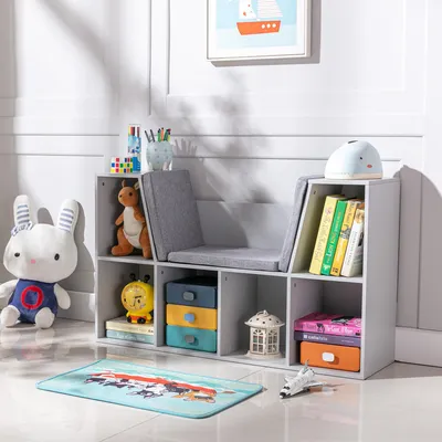 Produktbild von Kinderregal mit Sitzbank 2-in-1, Spielzeugregal mit Kissen, Bücherregal Kinderzimmer, Grau | 103 x 30 x 62 cm | 6 Fächer | MDF