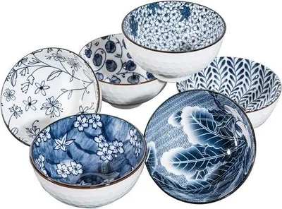 Produktbild von Unyqoos® Japanische Keramik-Schalen 6er Set – blau-weiß, Profi-Porzellan (100% bleifrei), Reisschalen & Suppenschalen, 11,5 cm Ø x 6 cm, 10 oz, stapelbar, mikrowellen-/spülmaschinenfest