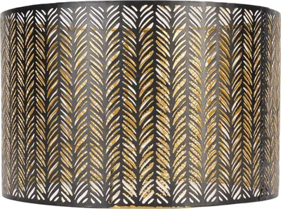 Produktbild von Lampenschirm aus Metall, E14, E27, Eisen, Zylinderform, ausgehöhltes Blatt, dekorativer Lampenschirm für Tisch, Wand, Decke, Schwarz und Gold
