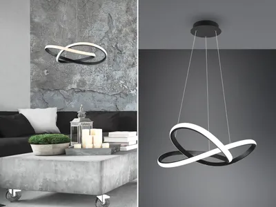 A modern living room setting with a pendant light and a separate studio shot of the same pendant light.
