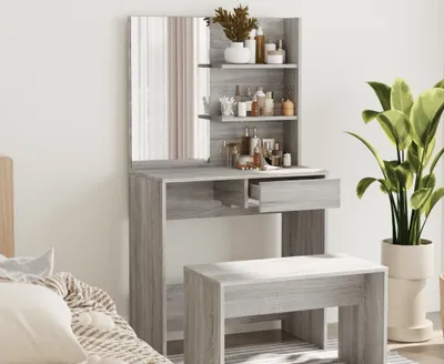 Produktbild von The Living Store Schminktisch mit Spiegel Grau Sonoma 74,5x40x141 cm