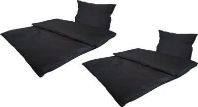 Two sets of black bedding are displayed against a white background.