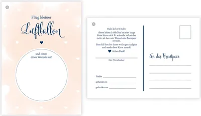 Produktbild von 50 Ballonflugkarten für Hochzeit, gelocht und extra leicht zum Weitfliegen. Wetterfeste Ballonkarten mit Wünschen zur Hochzeit für einen extra langen Flug. Weitflugkarten im Postkartenformat DIN A6