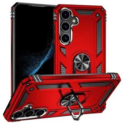 Immagine prodotto di Custodia per Samsung Galaxy S25 FE a doppio strato robusta, protezione militare con supporto ad anello e supporto rosso