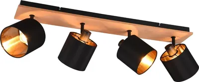 Produktbild von lightling Strahler Benny mit Stoffschirm schwarz matt und Innenseite in Farbe Gold. Korpus Metall schwarz und Holz, Höhe: 19 cm. Breite: 72 cm