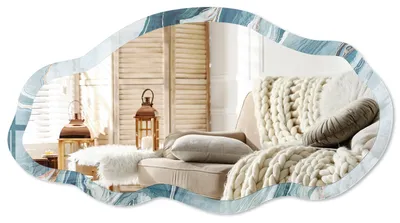Imagen del producto de Espejo de pared moderno con un borde decorativo, de 90x45 cm. Espejo asimétrico de forma libre, ideal para decorar salones, pasillos y dormitorios. Diseño de "ondas de mármol", Imagen generada por IA