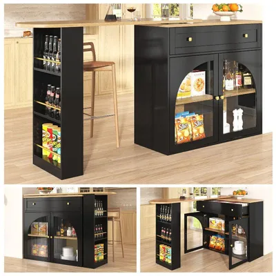 Immagine prodotto di Tavolo allungabile e girevole a 360° - Isola da cucina con spazio contenitivo - Metallo nero e vetro