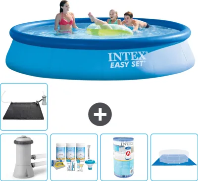 Produktbild von Intex runder aufblasbarer Easy Set-Schwimmpool – 396 x 84 cm – Blau – inklusive Pumpe Wartungspaket - Filter - Bodenplane - Solarmatte