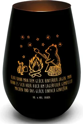 Produktbild von Mr. & Mrs. Panda Laterne Bär & Marienkäfer Lagerfeuer - Schwarz - Geschenk, Glas Windlicht, Gold, Kerzenhalter, Teddy, Teelichthalter