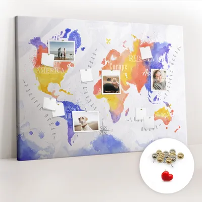 Obrázek produktu pro Korková nástěnka s kolíčky - Tabule s kolíky pro fotografie a poznámky - 140x100 cm - Připínáčky kovové 100 kusů - Akvarelová mapa světa
