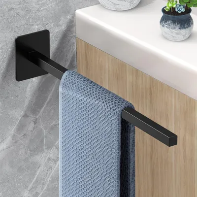 Image de Porte-serviettes sans perçage, à un bras, barre de salle de bain autocollante, support en acier inoxydable noir mat, 39 cm