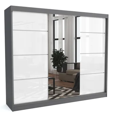 Produktbild von Brent - Kleiderschrank mit Spiegel Suzan, Schlafzimmerschrank mit 1 Kleiderstange und Einlegeböden für Kleidung, 250x215x60 cm, Grau Matt