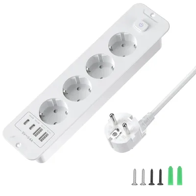 Produktbild von Versenkbare Steckdose 4-Fach, Einbau Steckdosenleiste mit 4 USB, Einbausteckdose Mehrfachsteckdose, Tischsteckdose mit 2 USB C, -2m Kabel Weiß