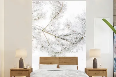 Produktbild von MuchoWow® Fototapete für Wohnzimmer oder Schlafzimmer Wandtapete Vinyl Motivtapete Winter - Schnee - Zweige - 225x350 cm - Schlafzimmer tapete