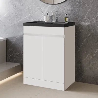 Produktbild von 60cm Badmöbel-Set Standschrank Schwarz Mineralguss waschtisch mit Unterschrank Badezimmerschrank mit Tür soft-close Weiß Matt Selbstmontierter