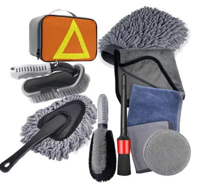 Image de Kit de 10 outils de nettoyage pour voiture : brosses de finition automobile, brosse pour tableau de bord, gant de lavage, serviettes, brosse pour jantes et pneus, tampon applicateur de cire, avec sac de rangement pour le nettoyage intérieur et extérieur