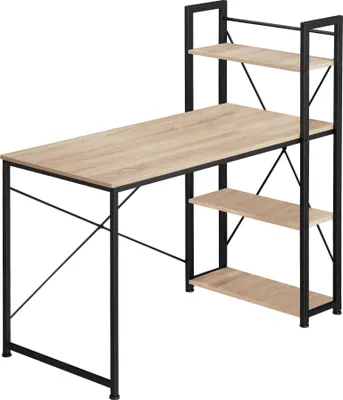 A computer desk with shelves against a white background.