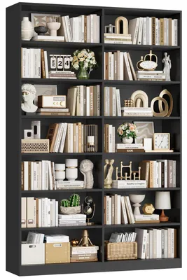 Image de Étagère bibliothèque, hauteur 212 cm, noire, 14 compartiments, dimensions : 116 x 28,5 x 212 cm