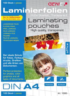Produktbild von 100 St. Genie Laminierfolien DIN A4 (80 Micron)  Premium Laminierfolien Laminierfolientaschen