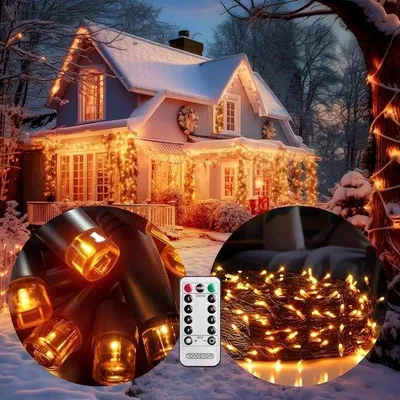 Obrázok produktu pre Sada 200 LED diód s diaľkovým ovládaním a časovačom – 8 režimov – s možnosťou stmievania – vodotesnosť IP44 – vianočné osvetlenie v teplobielej farbe