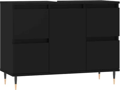 A black cabinet with three doors and wooden legs, shown against a white background.
