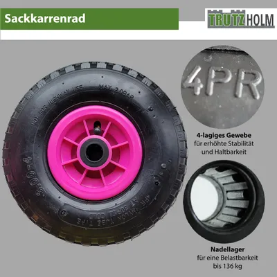 Produktbild von Sackkarrenrad Luftrad 260x85 mm 3.00-4 75 mm zentrierte Nabe Ø 20 mm pink robustes 4 PR Gewebe