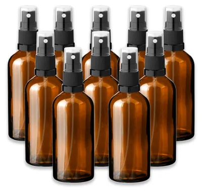 Produktbild von 10x Braune Glasflasche 100 ml mit schwarzem Zerstäuber Sprükopf Spray