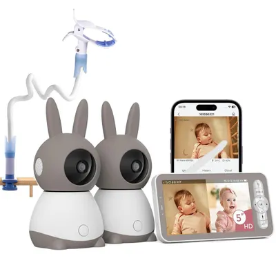 Obrázek produktu pro Dětská chůvička se 2 kamerami a APP 2K/5,0" WLAN chůvička s rozdělenou obrazovkou PTZ 360° 4× zoom IR noční vidění Automatické sledování s držákem