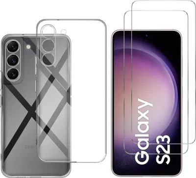 A clear case and two screen protectors for a Samsung Galaxy S23 phone are displayed.