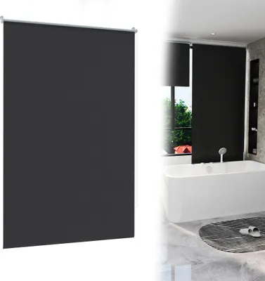 A split image showing a dark roller blind on the left and a modern bathroom with a bathtub on the right.