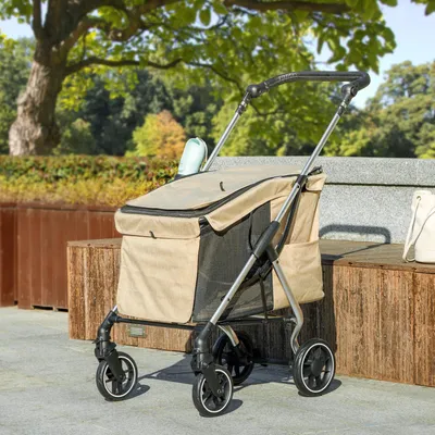 Produktbild von Hundewagen faltbar, Hundebuggy für kleine Hunde, Katzenwagen, Oxford-Stoff, Khaki | 80 x 48,5 x 106 cm | bis 10 kg | 5,5 kg leicht