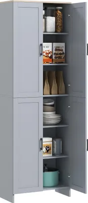 Image de HOMCOM Armoire de cuisine buffet cuisine vaisselier meuble de rangement style moderne multi-rangements avec 4 portes et étagères réglables, 60 x 30 x 170,5 cm, gris