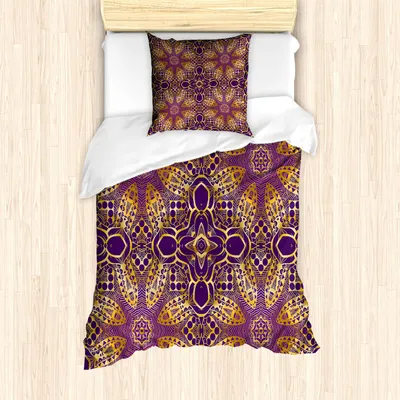 Produktbild von ABAKUHAUS lila Mandala Bettbezug Set, Bohemian spirituelles Motiv Tribal Style ethnischen Design Universum Symbol Bild, 135 x 200 cm + 80 x 80 cm, Lila Gelb