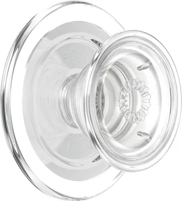 A clear glass doorknob with a circular base.