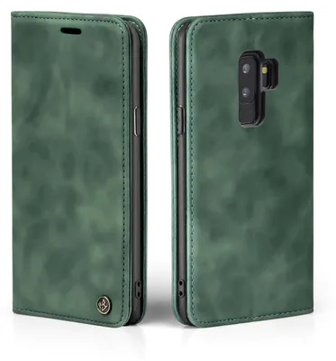 Two views of a green flip-style phone case.