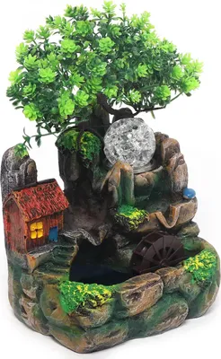 Immagine prodotto di Fontana da interno - Fontana da tavolo - Cambio colore LED RGB - Funzionamento silenzioso - Con piante verdi - Resina - Facile da montare - Per casa e ufficio
